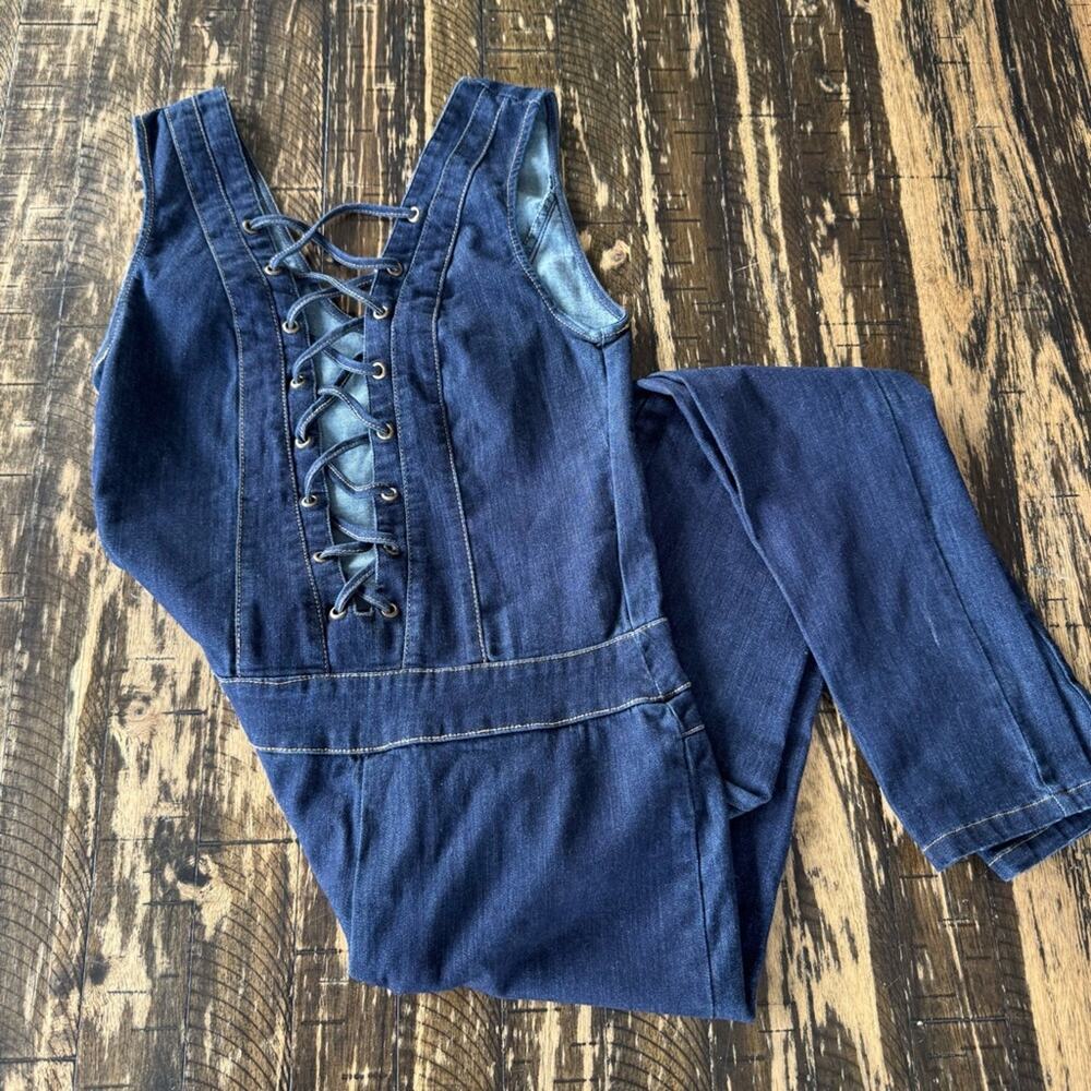 MEBON - Blue Denim Lace-Up Stretch Fitted Jumpsuit - MEDIUM - Picture 14 of 17